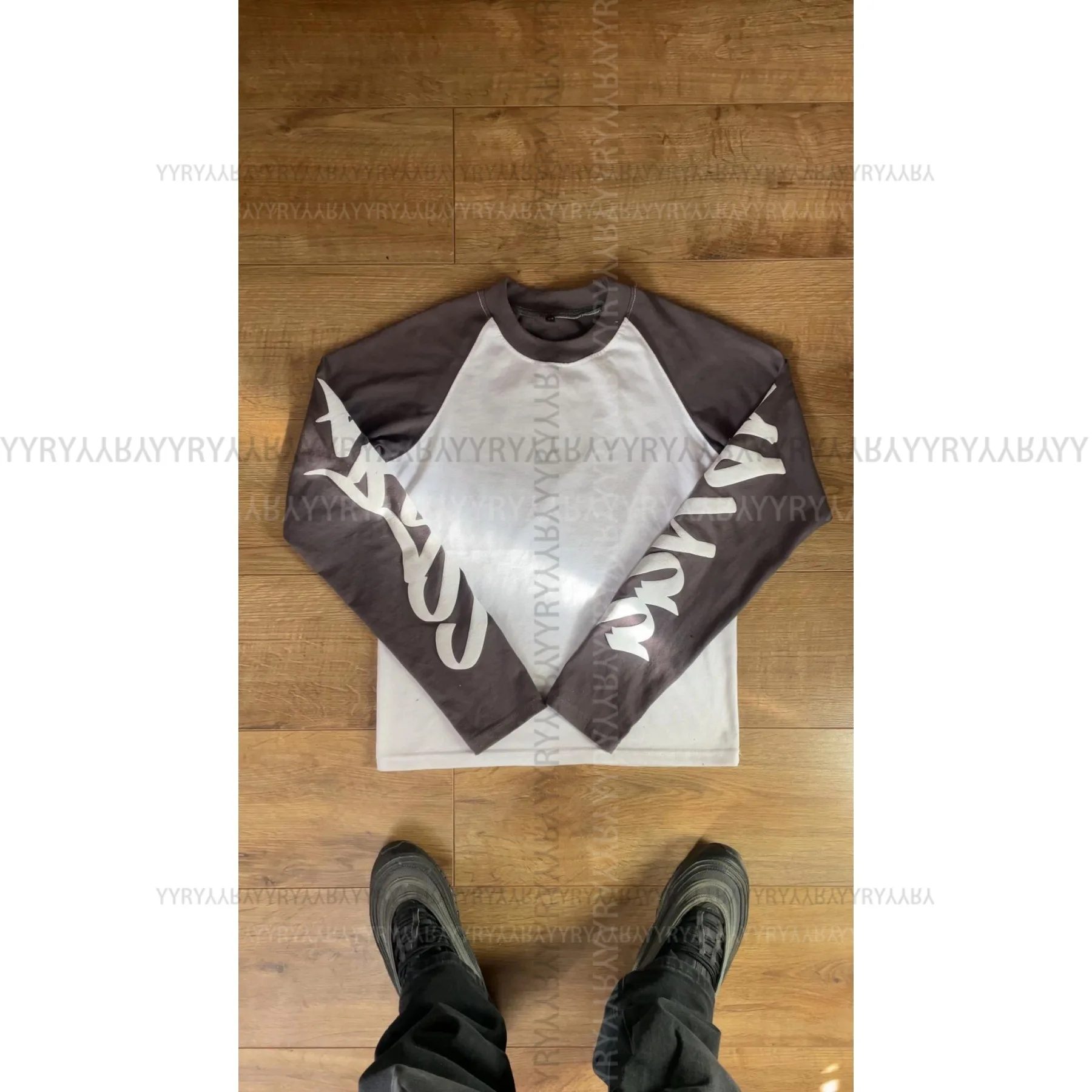 

Y2K Personality Dark Color-blocking Printed Color-blocking Round Neck Sweatshirt Long-sleeved Pullover Retro High Street T-shirt