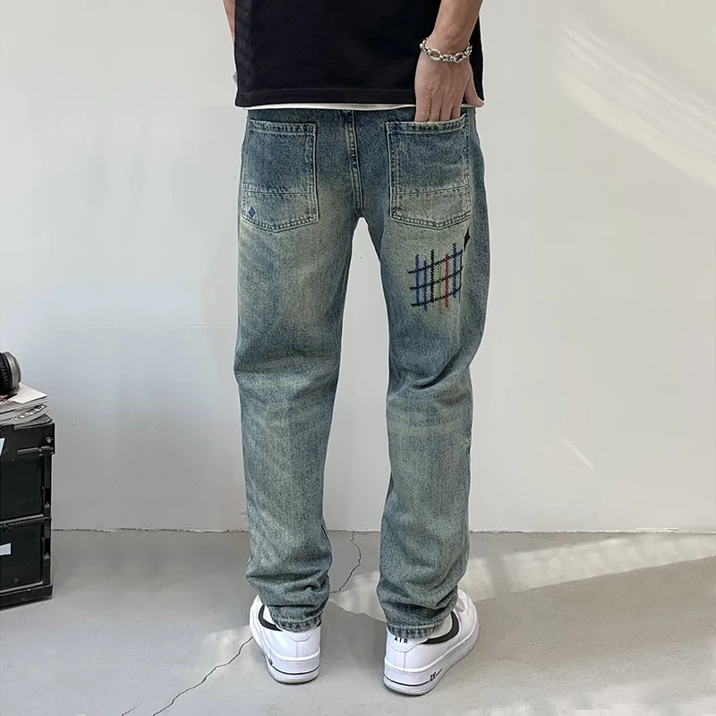 Straight Jeans Men's High Street Fashion Brand Vintage Print Loose Street Fashion Personality Teenagers Casual Versatile Trouser