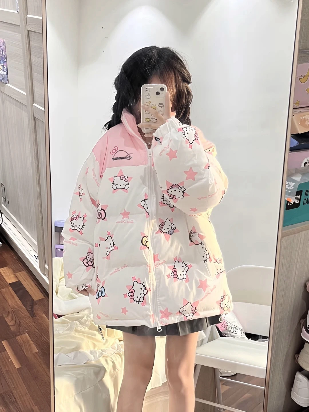Hello Kitty Woman's Cotton-Padded Jacket Cute Full Print Color Blocked Coat Y2K Winter Jacket Bread Clothes Loose Cotton Clothes