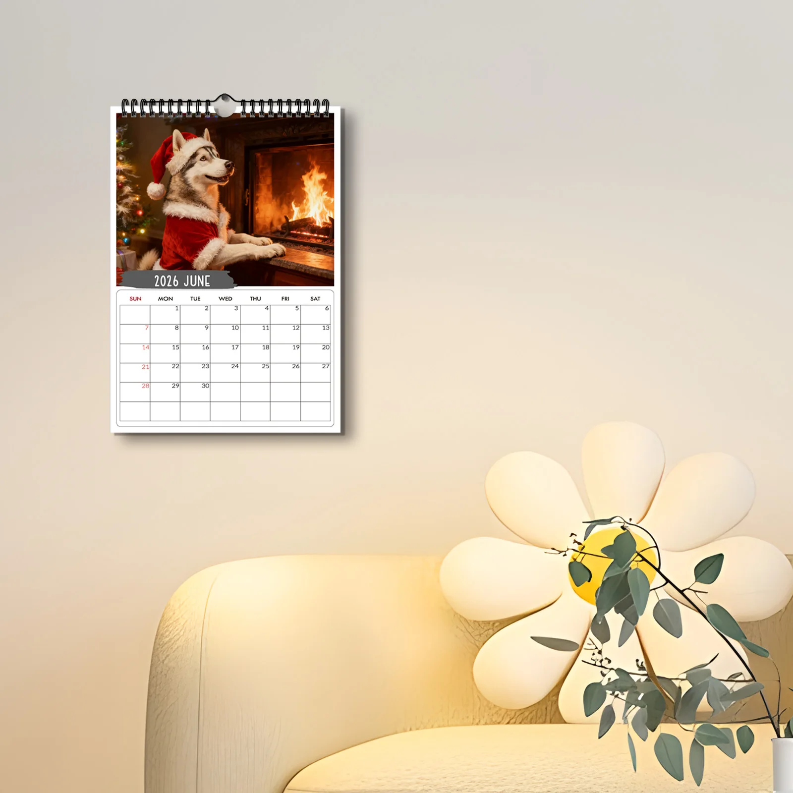 ปฏิทินแบบเกลียว 1 ชิ้น ปี 2026 ลายธีมซานต้าฮัสกี้ เหมาะสำหรับตกแต่งผนังห้องนั่งเล่นที่บ้าน ตกแต่งสำนักงาน เหมาะสำหรับเป็นของขวัญในช่วงเทศกาล