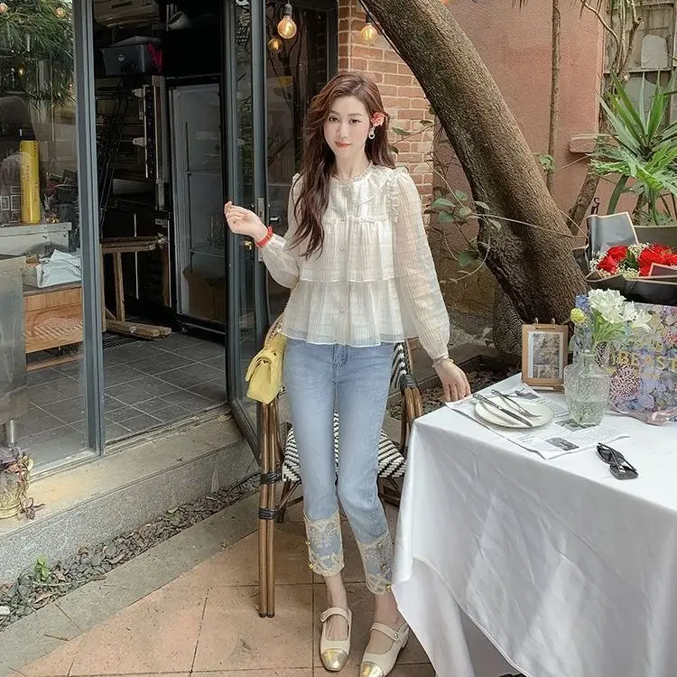 Célébrité française Super fée bulle à manches longues chemise banlieue bouton chemises printemps été feuille de Lotus bord en mousseline de soie Blouse femme