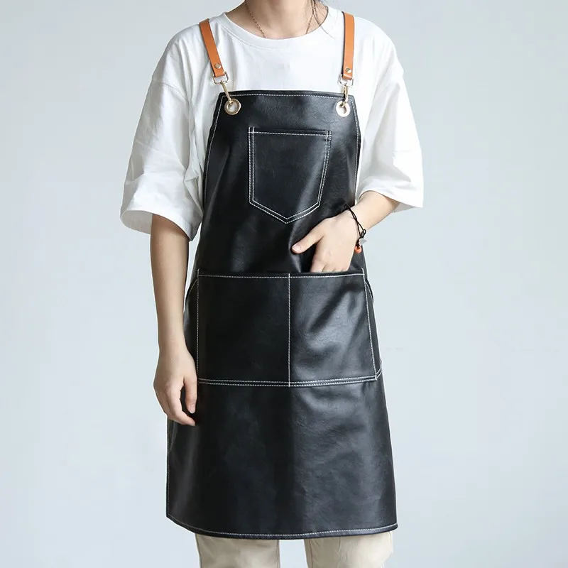 Fashionable and Classic PU Apron Waterproof and Stain Resistant Kitchen Server Work Clothes Large Pocket Home Coffee Shop Apron