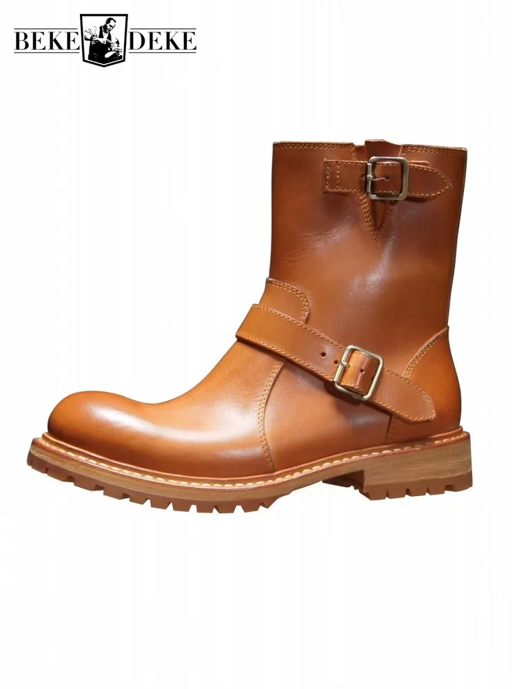 Handmade Mens Genuine Leather Boots Round Toe Zip Italian Style High Quality Vintage Cargo Shoes Real Cowskin Motorcycle Boots
