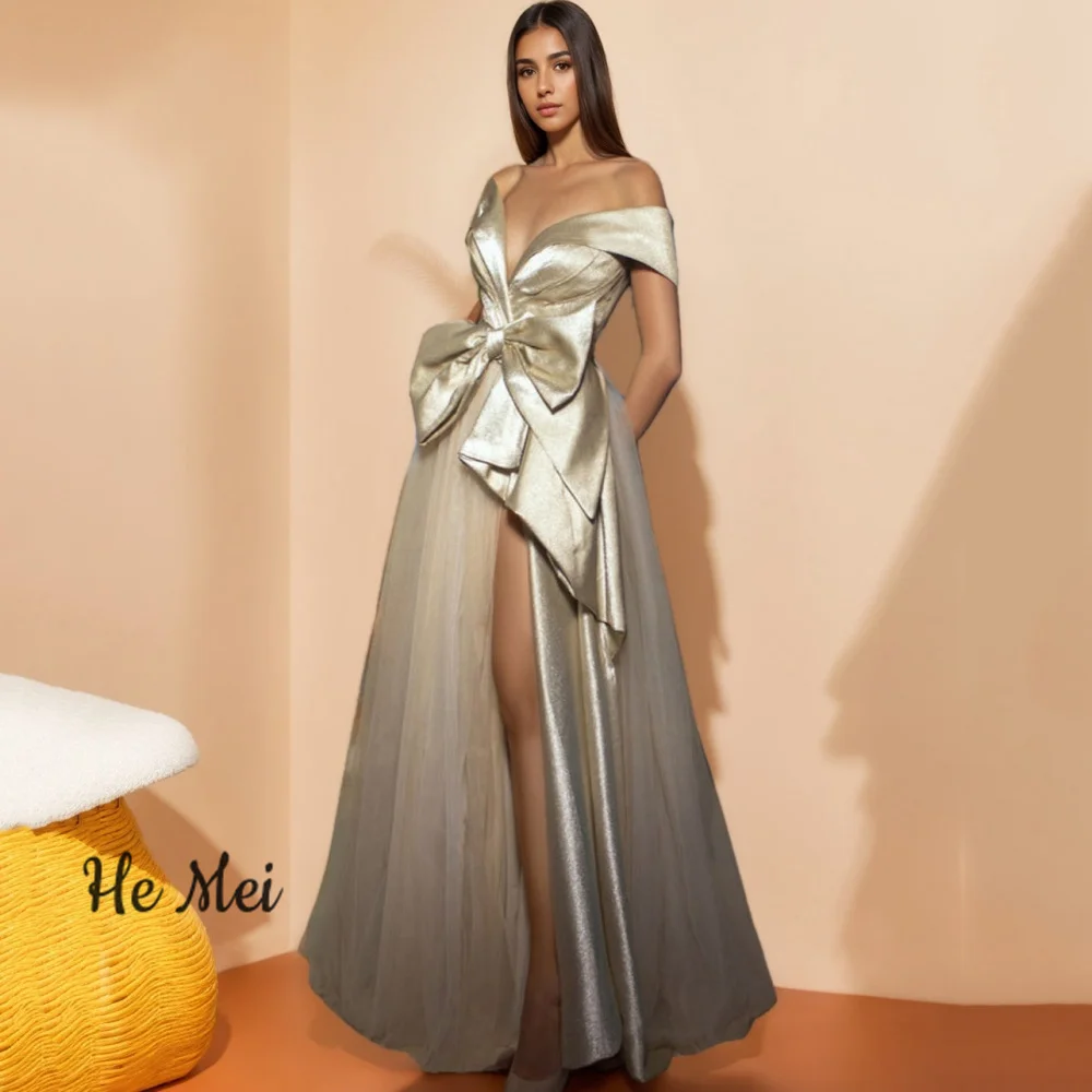 

Customized Tulle A Line Prom Dresses Bow Split V Neck Party Gowns Off Shoulder Simple Evening New Floria Dress Store