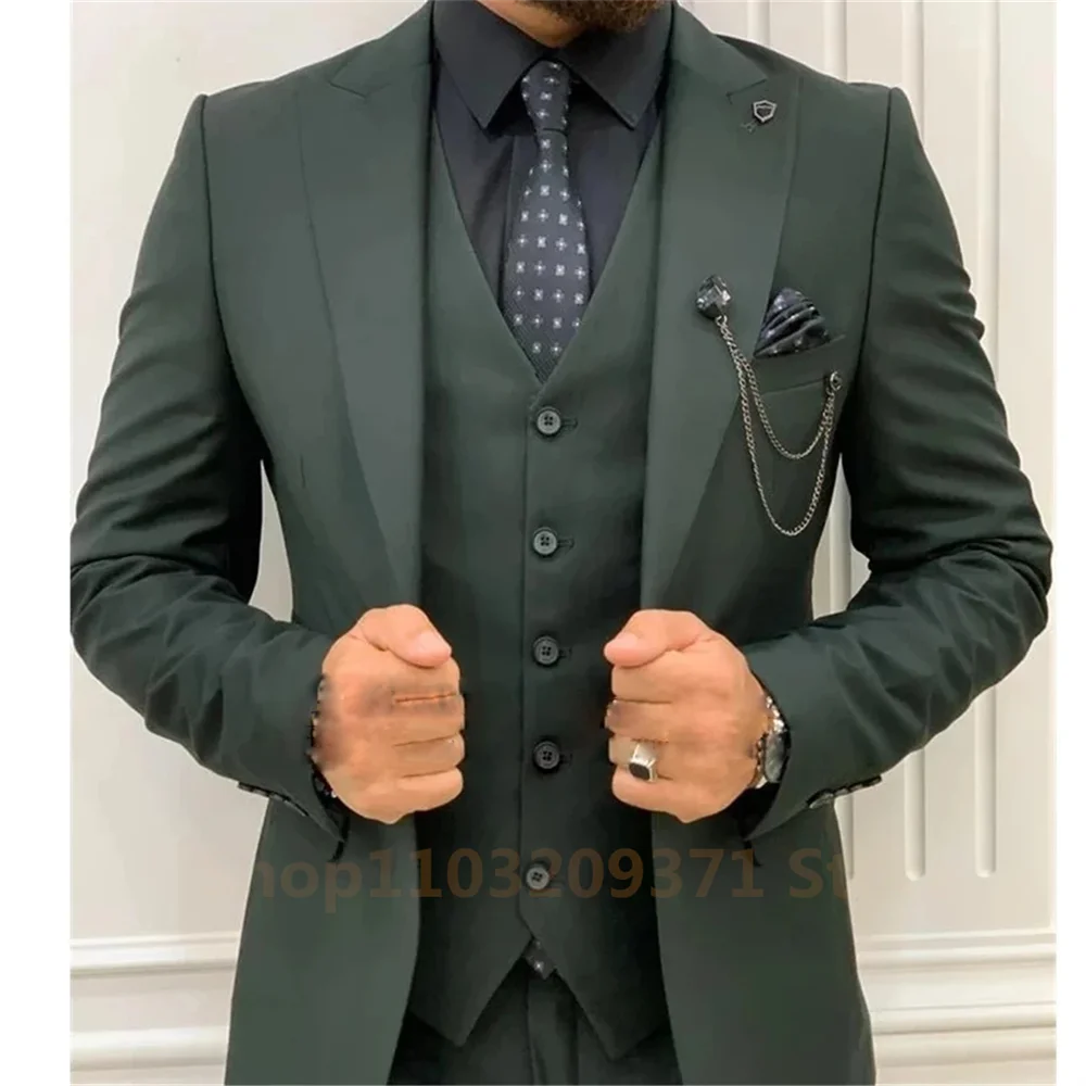 2024 Post Green Suits Men Suits 3 Pieces Wedding Wear Business Male Groom Wedding Dress Jacket Vest Pants Set Blazers Coat