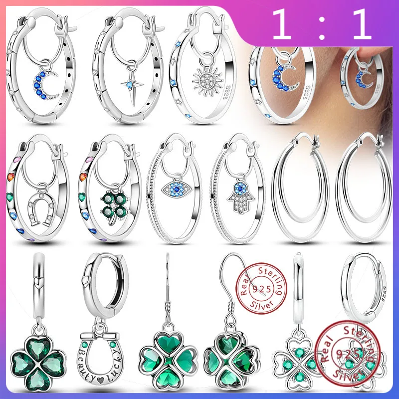 Pendientes Internos de Plata de Ley 925 (Aro) – Colgante de Trébol de Cuatro Hojas + Sol + Luna, para Mujer