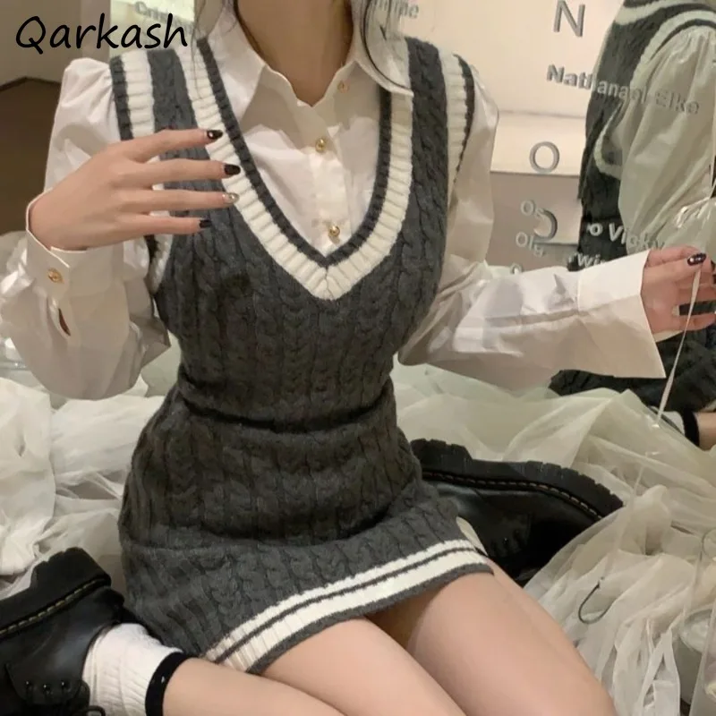 

Women Sets Preppy Knitted Sleeveless Dresses Korean White Shirts Sweet Fashion Autumn All-match Students Newest Daily Chic Ins