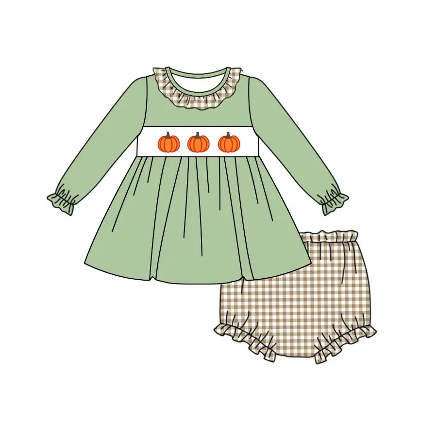 Thanksgiving Pumpkin Print Girls Green Puff Sleeve Long Sleeve Shorts Boutique Set Retail and Wholesale