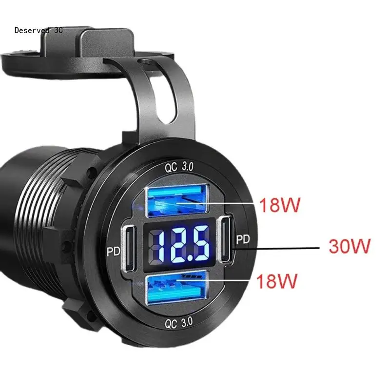 Universal Aluminum Car with Fast Charging 4Ports Double QC3.0 and Double Type C PD30w, Voltages Meter