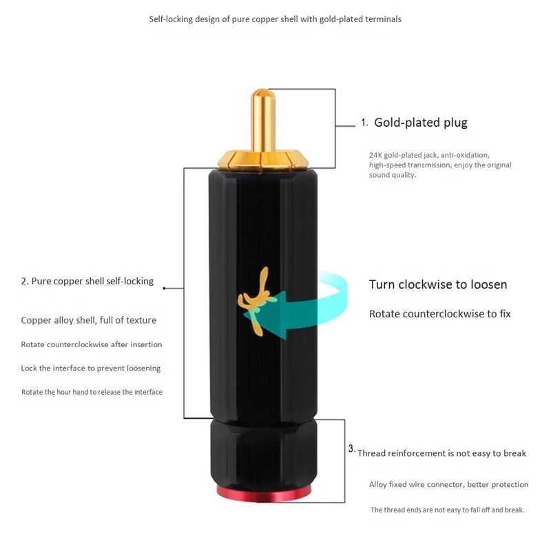 YYTCG-puro cobre banhado a ouro RCA Plug, terminal de lótus de bloqueio automático, fio de aquecimento sem solda