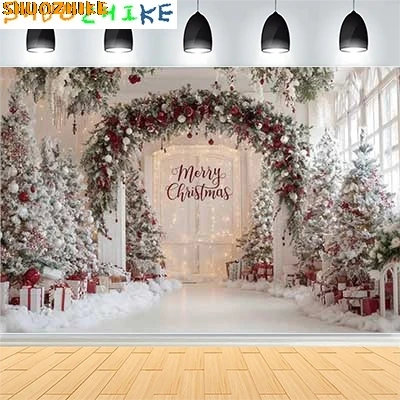 

Christmas Day New Year Party Photography Backdrops Prop Window Living Room Interior Xmas Tree Snow Theme Photo Background FN-09