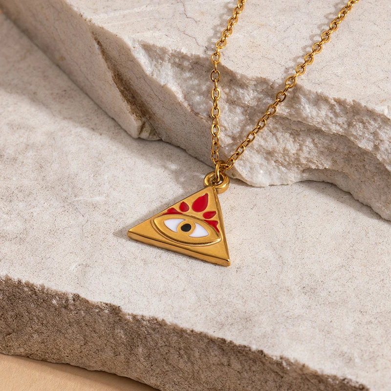 ANENJERY 316L Stainless Steel Drop Oil Eye Round Triangle Card Necklace For Women Personality Niche Design Jewelry Gifts
