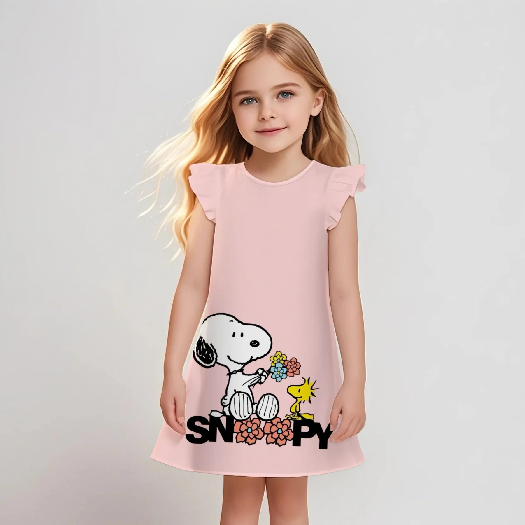

2025 Children's Girl Summer New Snoopy 3D Printed Girl Flying Sleeve Cute Short Sleeve Dress Children's Casual Dress