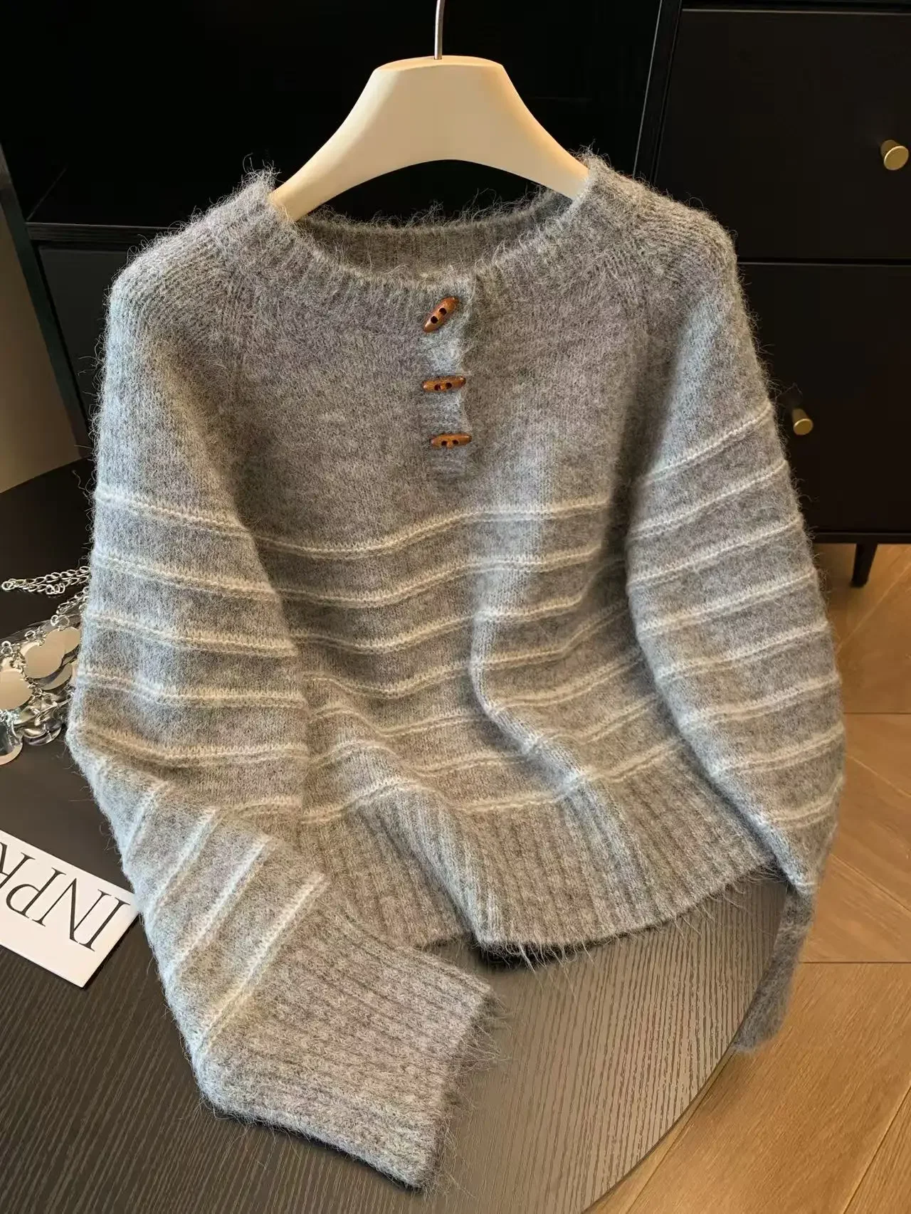 Autumn Winter Women's Striped Wool Cashmere Sweater, Loose Warm Knitted Pullover Base Shirt