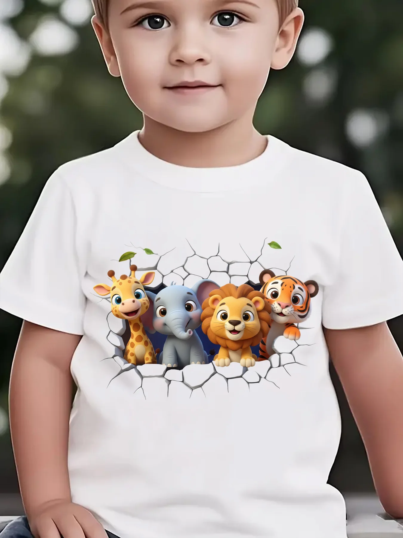 Summer Children's Fashionable T-shirt with Broken Wall Giraffe Animal Cartoon Pattern Printed Outdoor Casual Parent-child Top