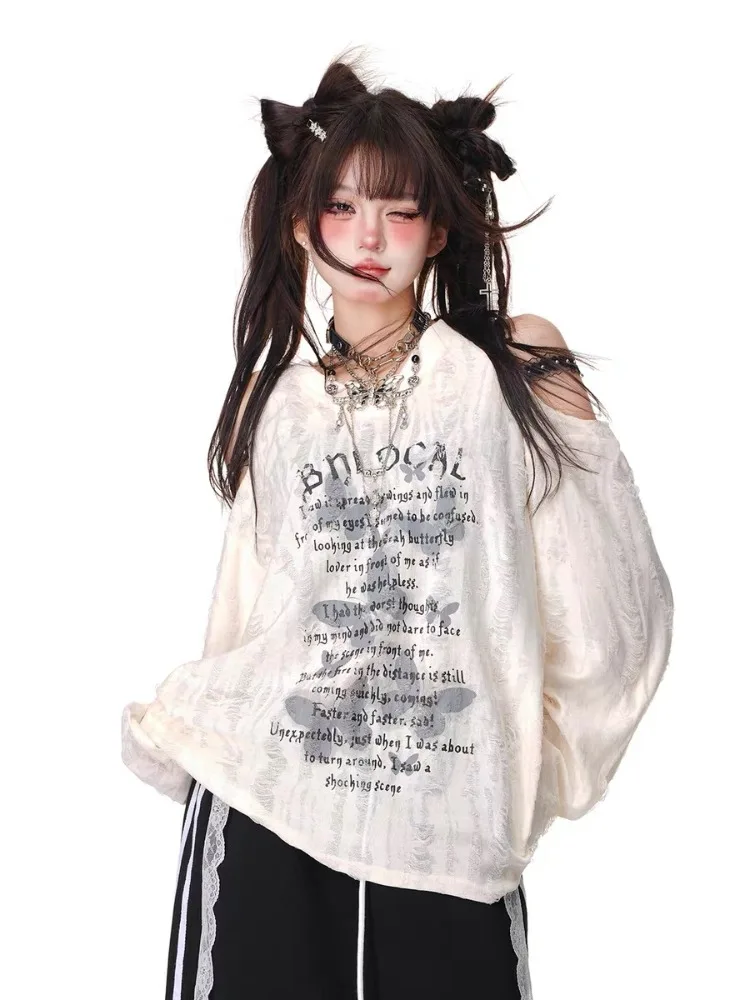 

Punk Grunge T-shirts Women Off Shoulder Sexy Lace Gothic Y2k Streetwear Japanese Ripped Long Sleeve T-shirts Harajuku