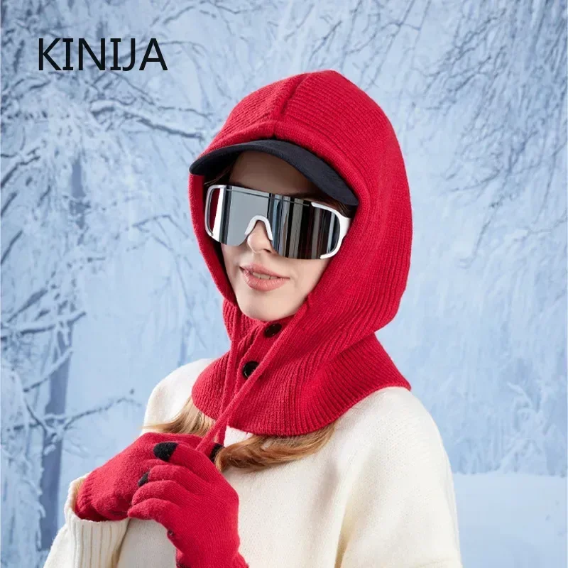 2pc Women Knitted Balaclava Hat Winter Warm Ear Protection Knitted Gloves Hat Set Women Shawl Hooded Hoodie Fake Collar