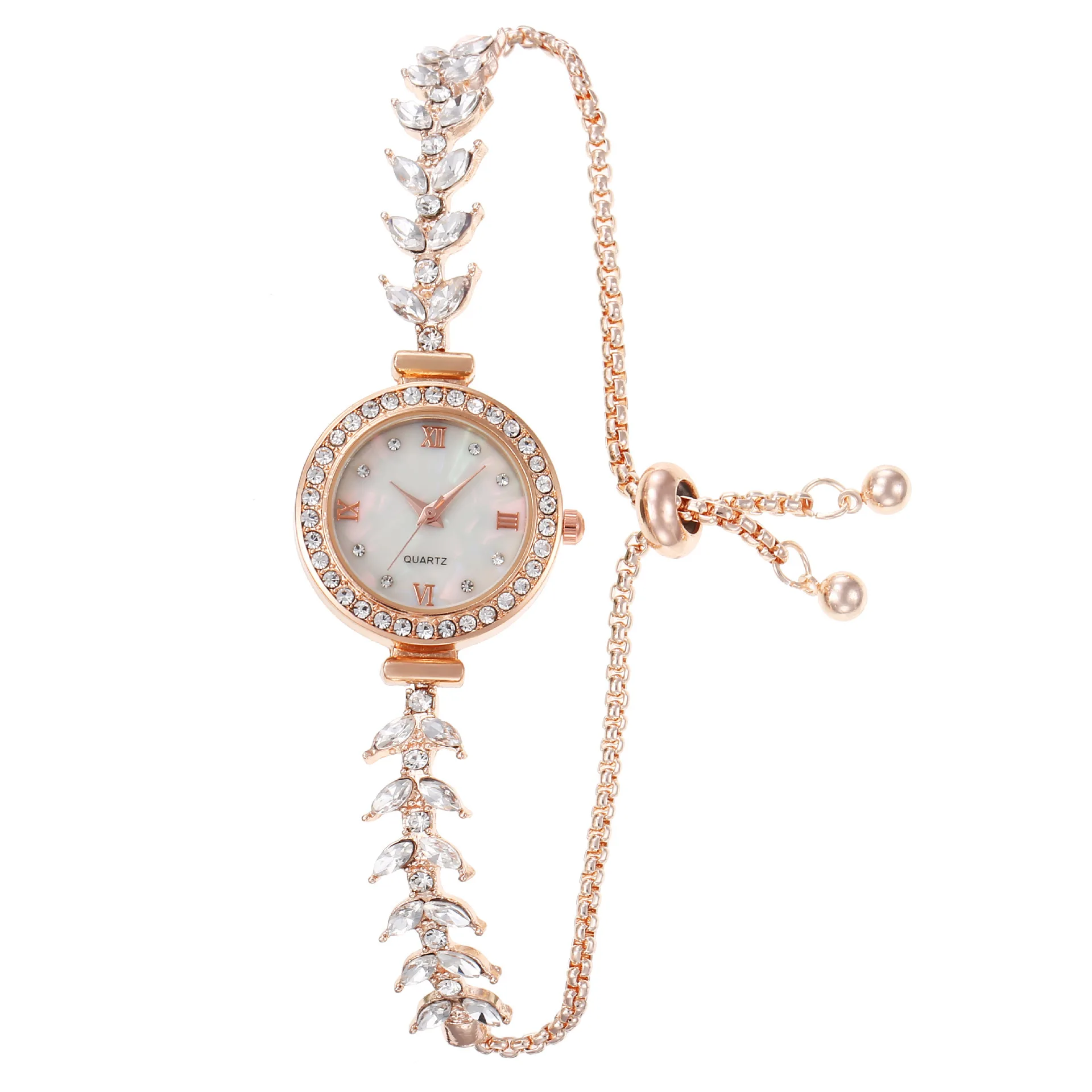 Luxury Women Quartz Wristwatch Pearl Dial Roman Numeral Rhinestone Mermaid Shape Alloy Bracelet Dress Watch