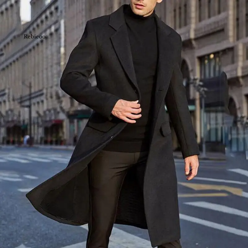 

Autumn Winter Mens Wool Coat Solid Long Sleeve Woolen Jackets Fleece Men Overcoat Streetwear Fashion Long Trench Coat Outerwear