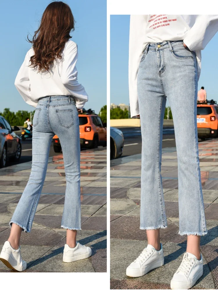 New Fashion Blue Fur-lined Ankle-Lenght High Waisted Jeans Woman Casual Lim-Fit Denim Trousers Female Girls Vintage Bell-bottoms