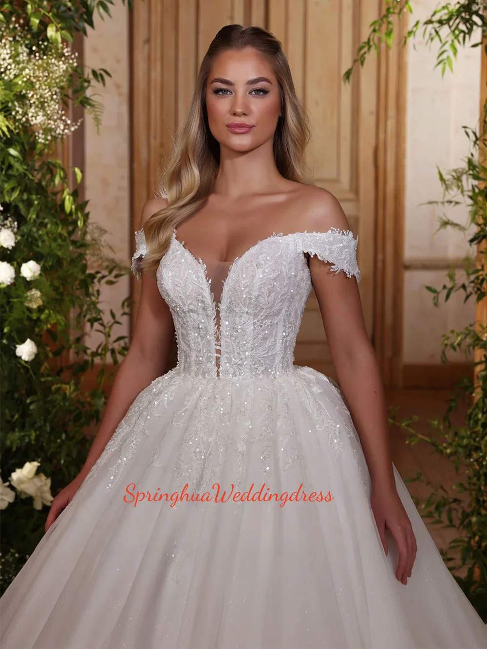 Customize Ball Gown Wedding Dresses Bride Deep V Neck Off The Shoulder Sequined Applique Court Train Bridal Dresses