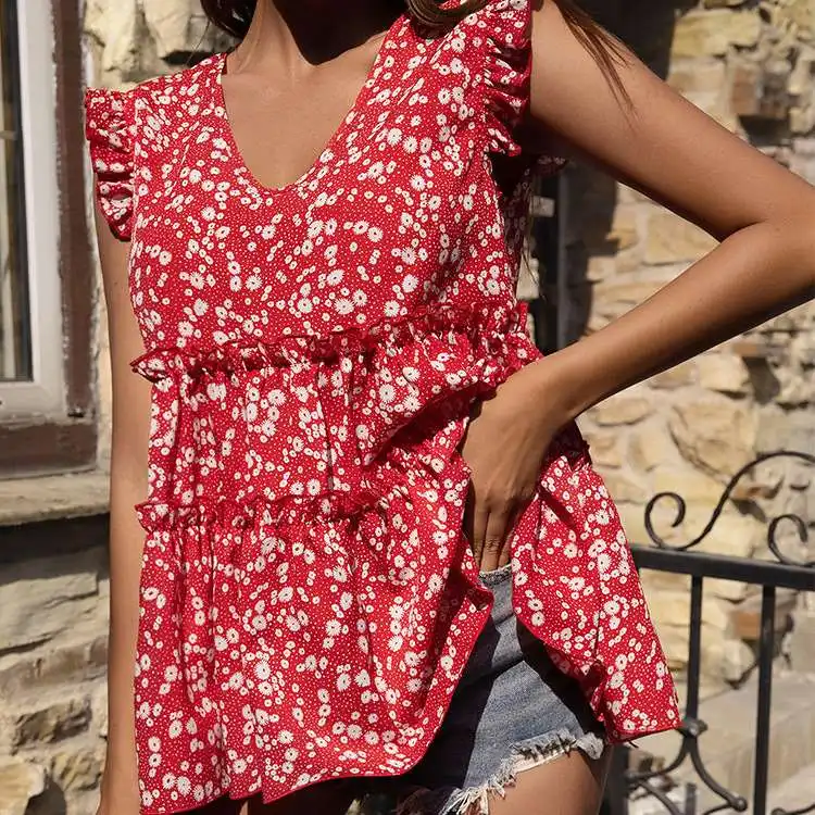 新しい夏の花柄シャツ甘いレジャー休暇スタイルの女性のドレスポリエステル繊維 00% 半袖プリントパターン