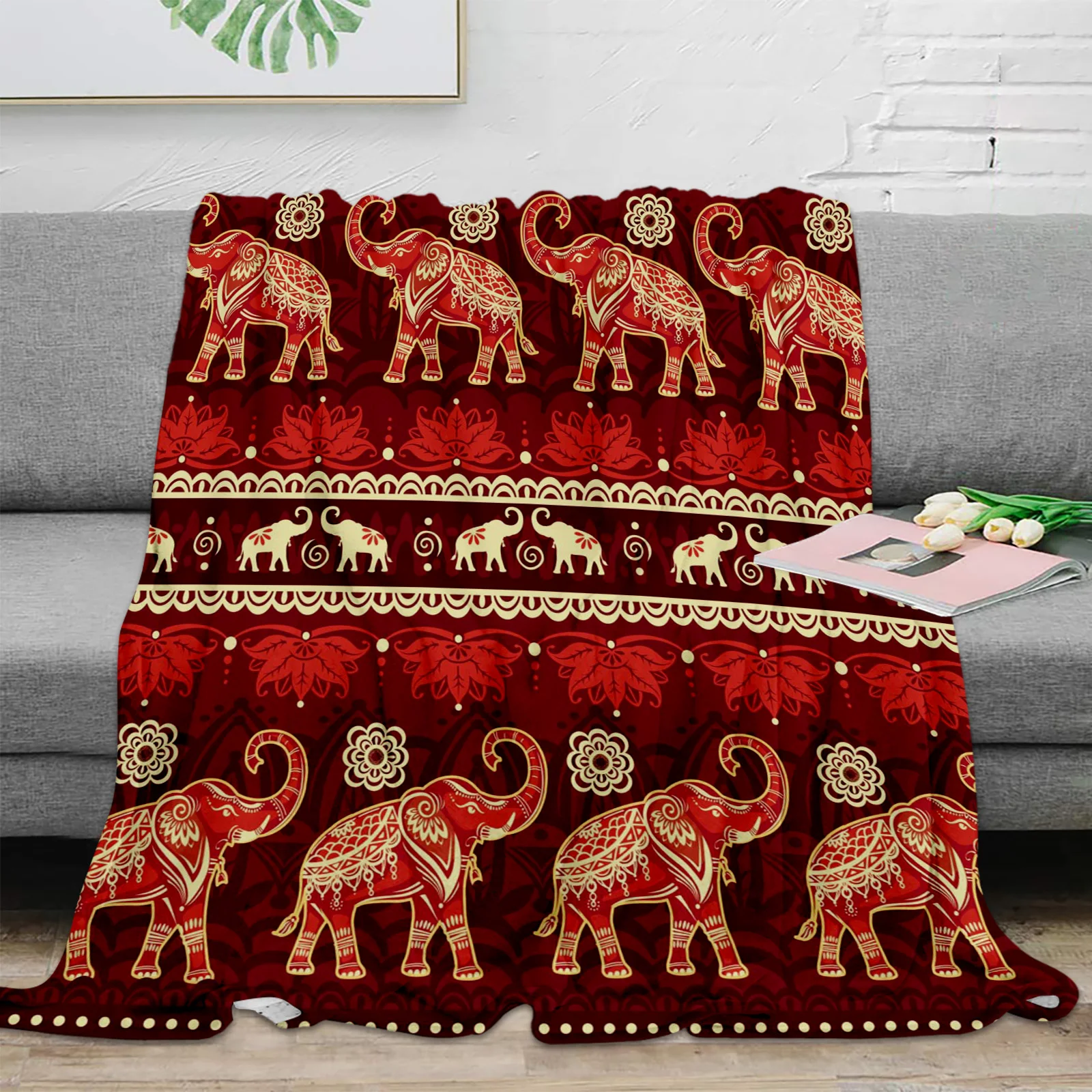 

India Animal Elephant Flower Throw Blanket Warm Microfiber Blanket Flannel Blanket for Bedroom Bed Cover