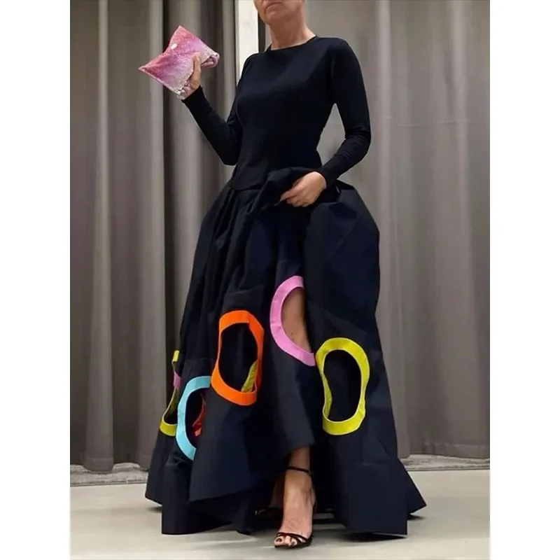 Uoozee 2024 nuevo vestido acampanado de fiesta de baile con estampado colorido hueco para mujer vestidos largos de noche elegantes de manga larga a la moda