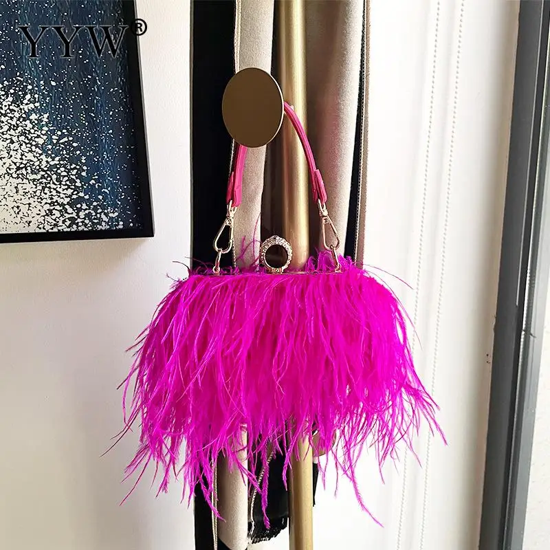 Luxury Ostrich Feather Evening Bags For Women 2023 Female Chain Shoulder Crossbody Bag Tassel Party Clutch Purse Wedding Handbag