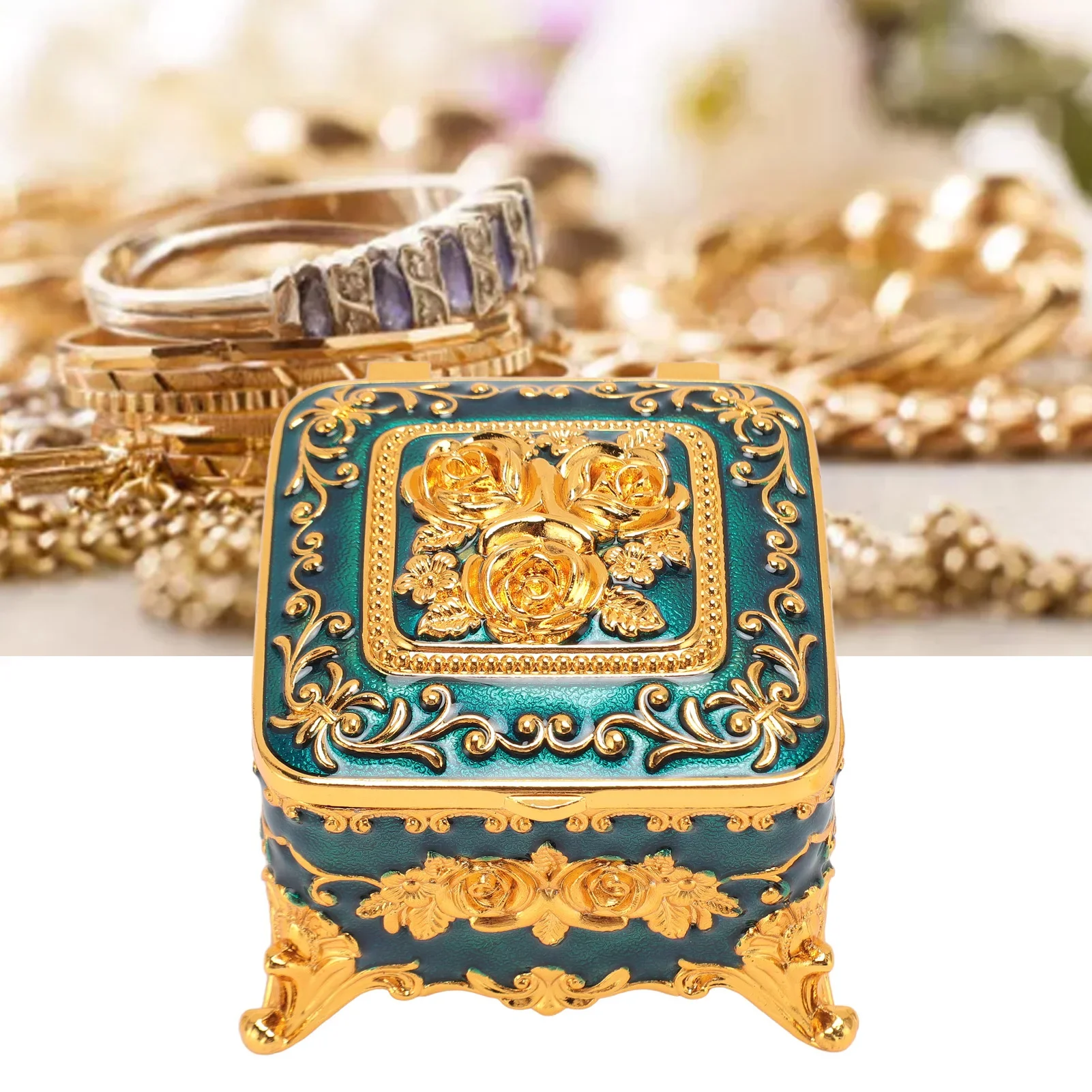 European Style Vintage Metal Jewelry Box Square Decorative Trinket Jewelry Storage Box For Earrings Necklaces