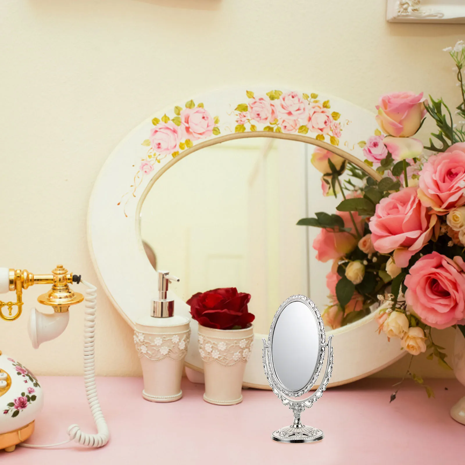 

1Pcs Makeup Mirror European Style Retro Oval Double Sided Desktop Mirror Rotatable for Bathroom Bedroom Silver
