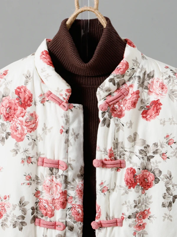 Frauen Thiened Warm Lose Große Größe Baumwolle Jaet Herbst Winter Neue Sle Retro Druck Lange Sve Stehkragen Einzigen taste