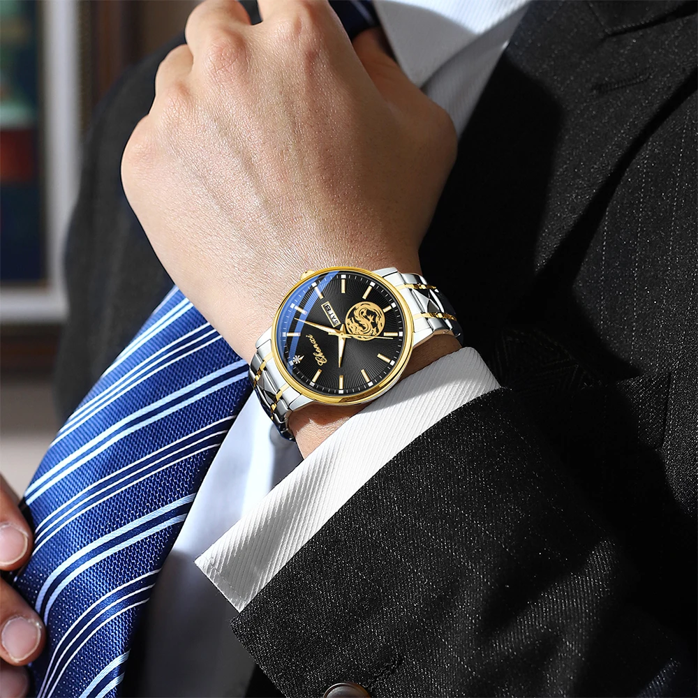 Relojes de negocios de lujo a la moda para hombre, relojes de cuarzo luminosos resistentes al agua, pantalla de calendario, reloj de hombre con esfera redonda dorado