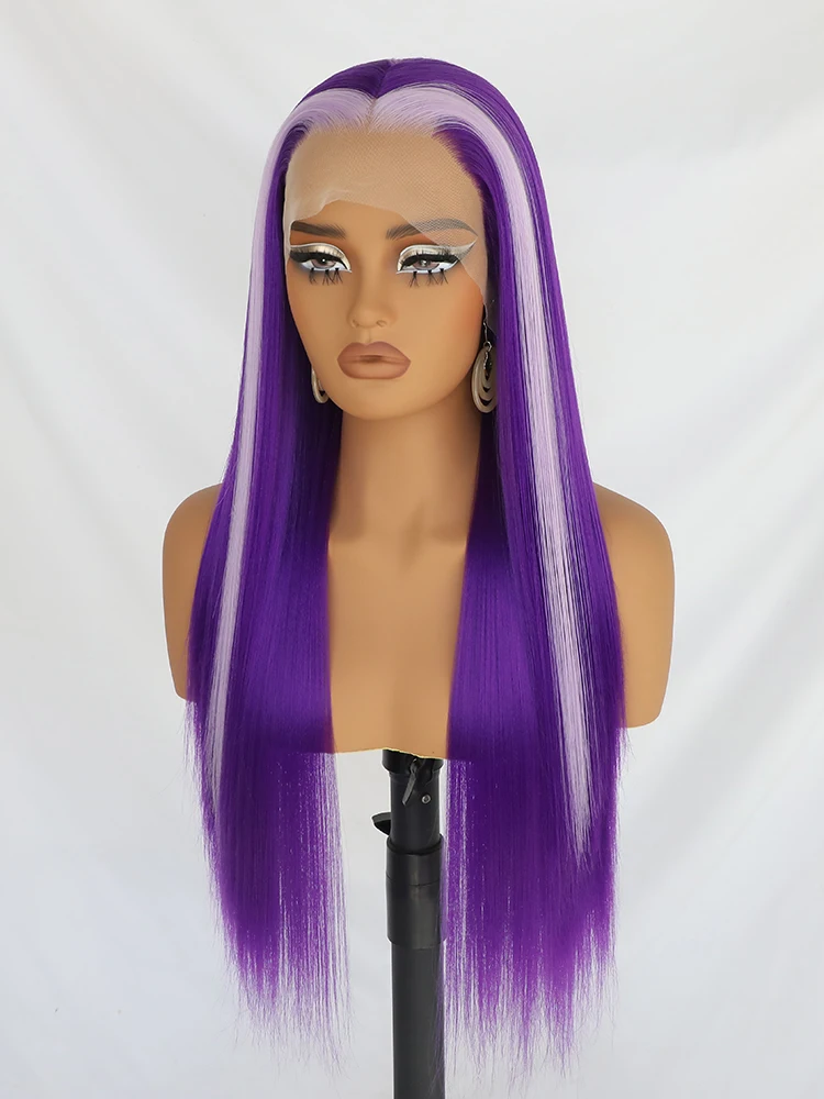 13*3 Purple Synthetic Lace Front Wigs Heat Resistant Fiber Hair Long Straight Hair Wigs Skunk Stripe Light Purple Highlights