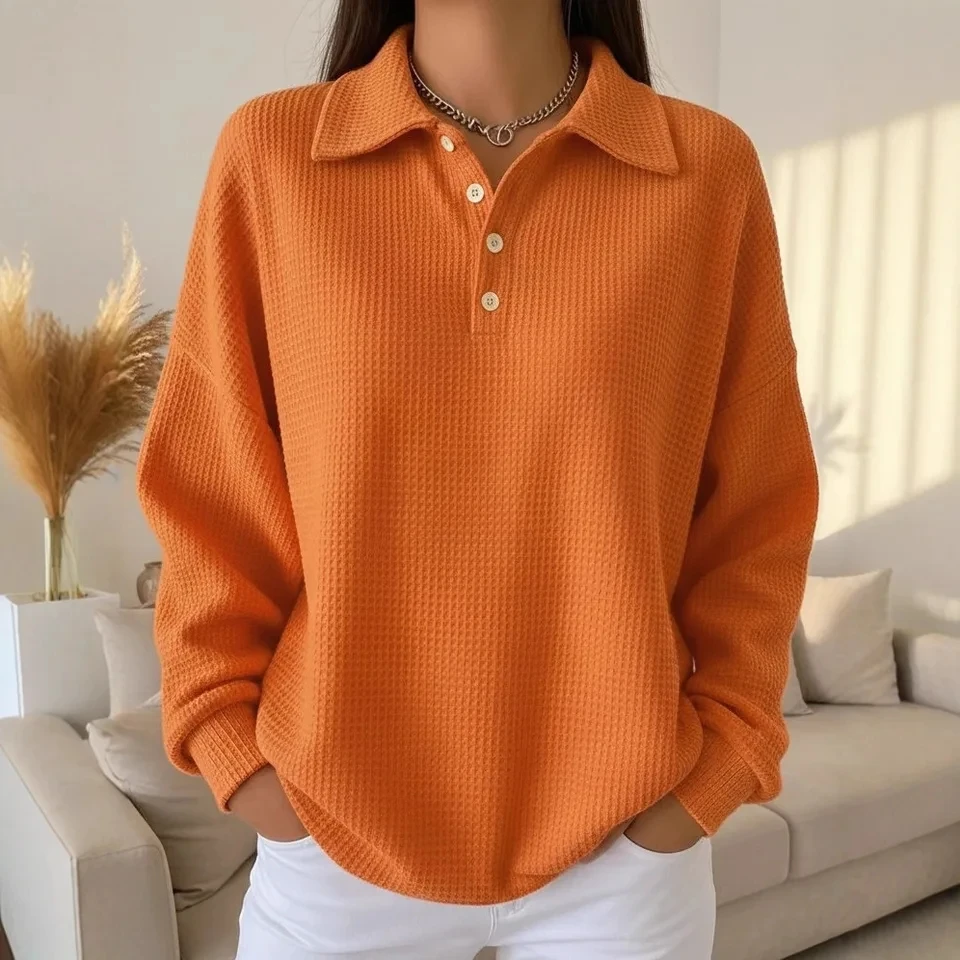 

2026 Autumn Winter New Turn Down Collar Long Sleeve Solid Color Loose Fit Versatile Polo Shirt Waffle Texture Women Top