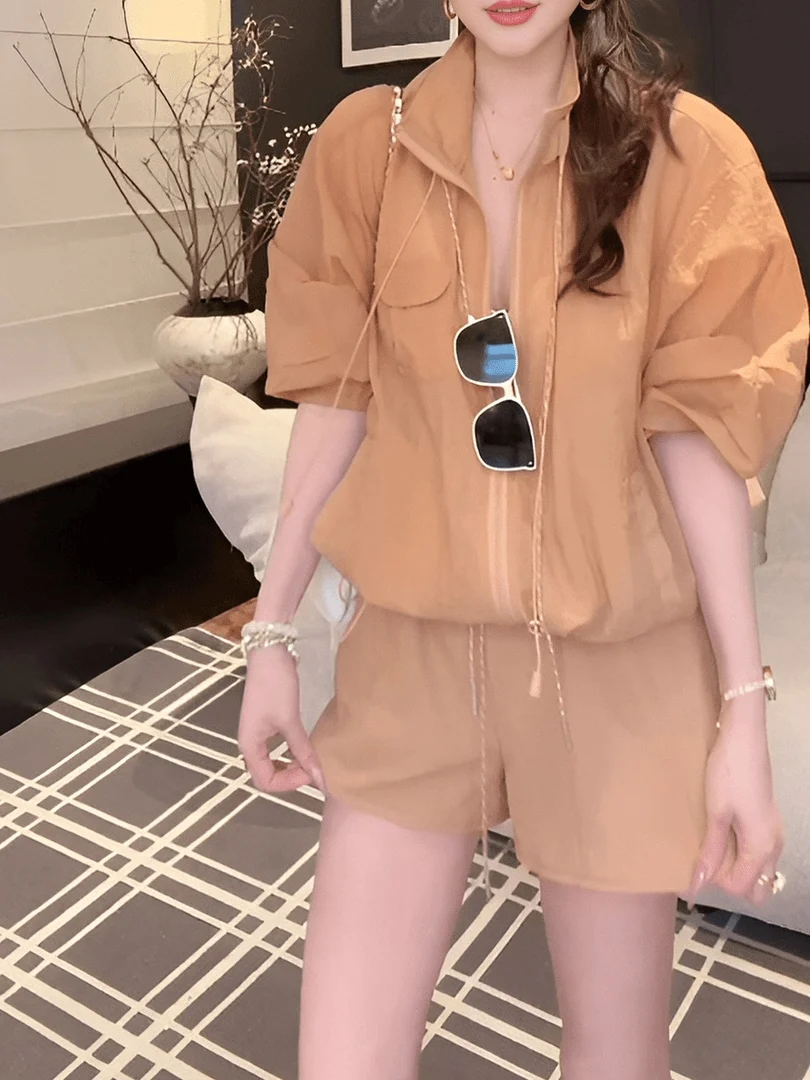 

Summer 2026 Women's Casual Zipper Lightweight Sun Protection Top And Wide Leg Shorts Two-Piece Set Breathable High Waist