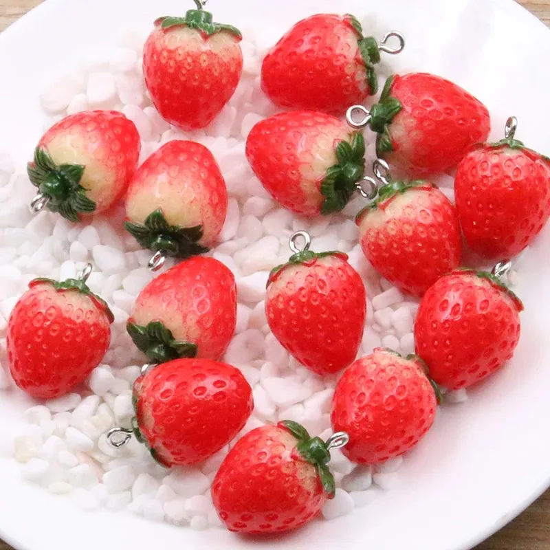 10PCS 17×25mm Cute 3D Red Strawberry Resin Dangle Charms, Cartoon Fruit Pendants for DIY Jewelry Craft Supplies