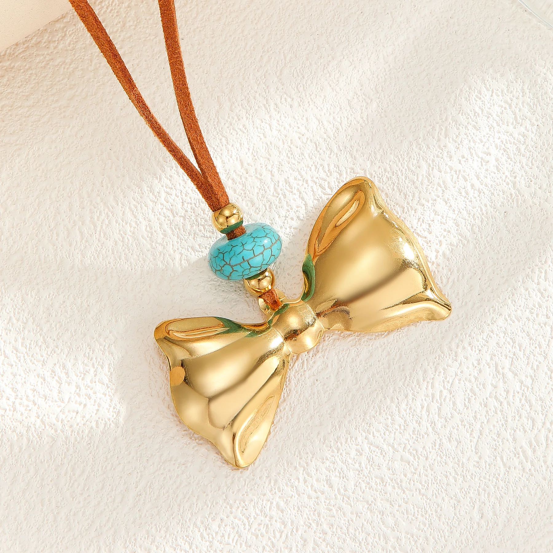 خمر الذهب اللون الشمس القوس زهرة قلادة القلائد للنساء البني الجلد المدبوغ الحبل الفيروز الخرز سلسلة المختنق الشتاء مجوهرات هدية #1