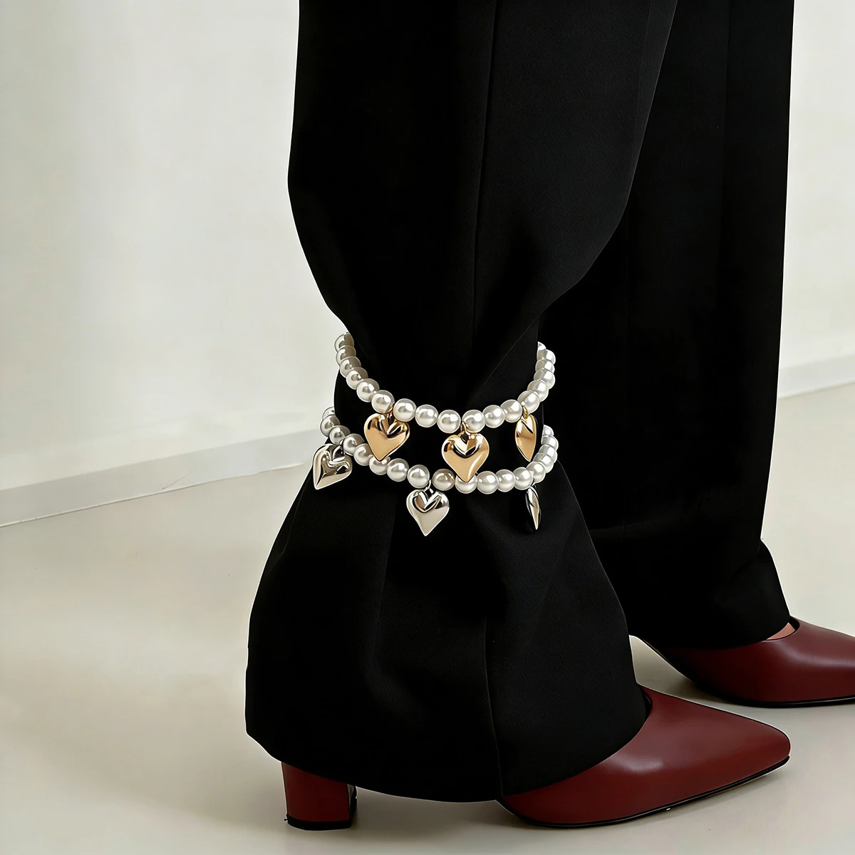 2Pcs/set Elegant Pearl Ccb Beads Anklet Women Creative Adjustable Jeans Pants Foot Chain Metal Heart Pendent Jewelry Accessories