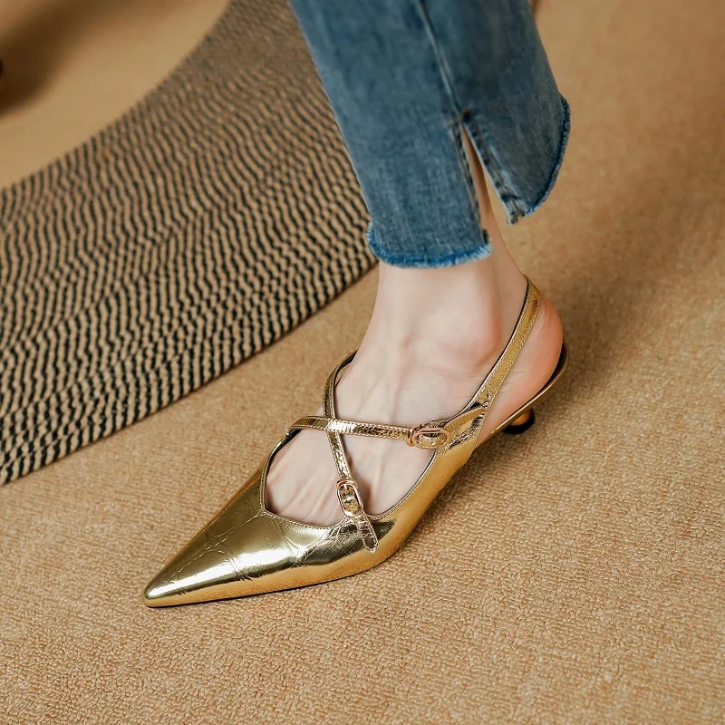 Sheepskin Woman Pumps French Style Mules Spring Autumn Simple Shoes Elegant Heel Shoes Woman Gold Silver Summer Sandals