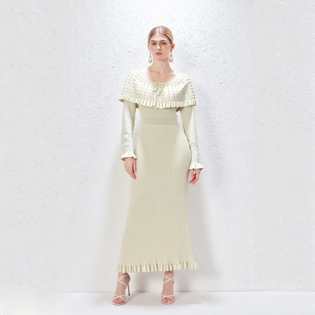 

Autumn Winter Women Beaded Knitted Long Dress Elegant Ruffles O-Neck Pullover A-line Sweater Dress Female Mermaid Party Vestidos