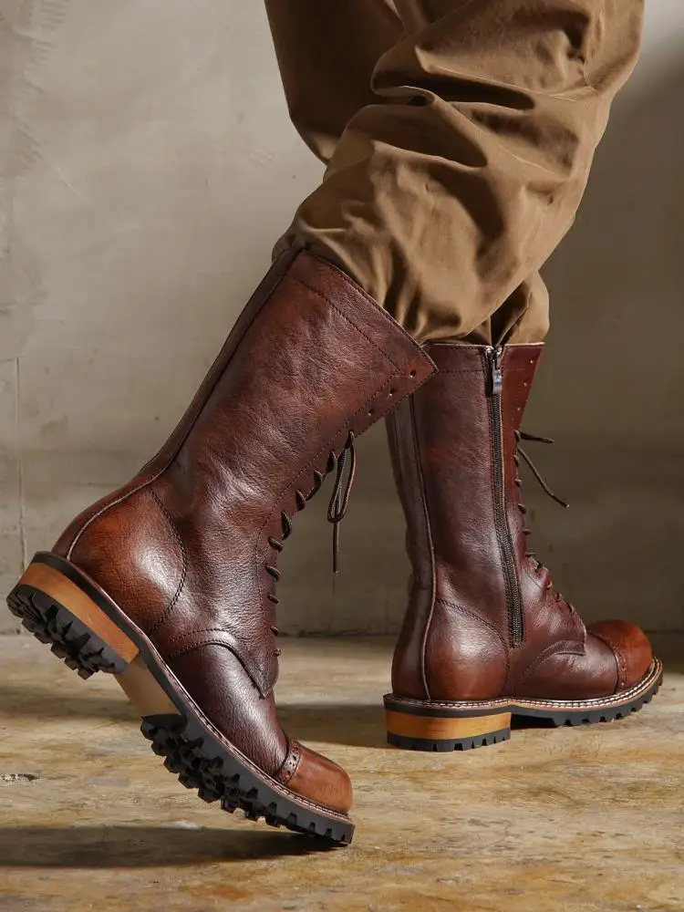 Concise Style Male Genuine Leather Zipper Platform Ankle Boots Solid Color Handmade Cowhide Round Toe Lace-Up High Top Footwear