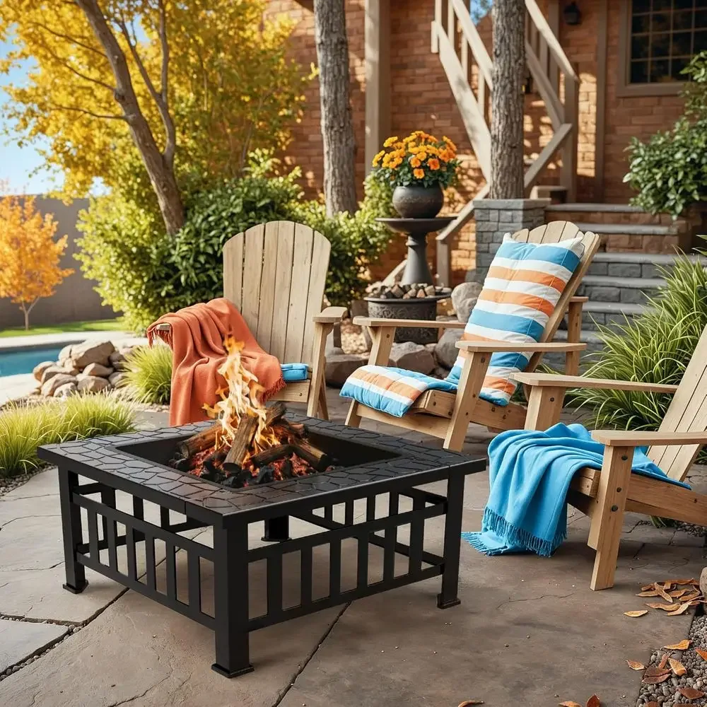 32-inch Square Metal Patio Fire Pit Table with Spark Screen, Rain Cover, Ideal for Outdoor Heating, BBQ, and Camping