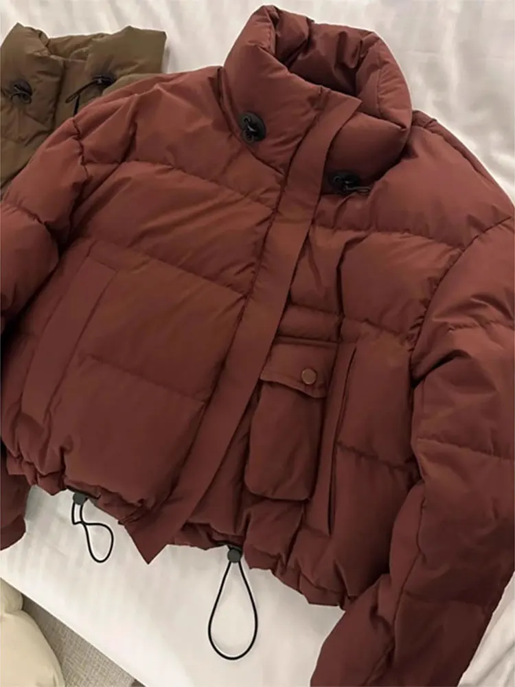 

Модная женская утепленная зимняя куртка свободного кроя с воротником-стойкой, красная, из хлопка, в корейском стиле, для создания молодежного образа