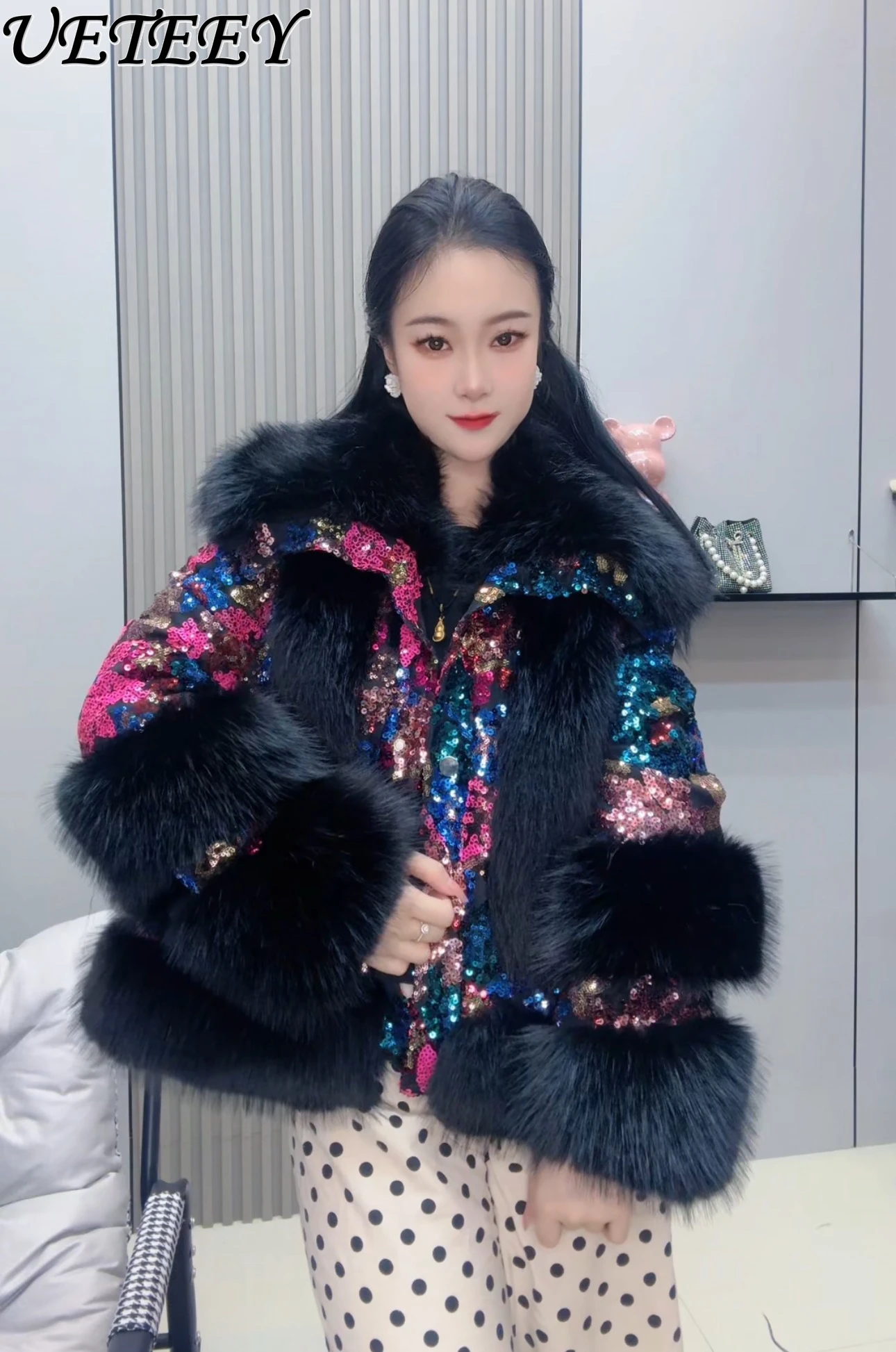 

Ladies New Winter Elegant Cotton Clothes Fashion Heavy Industry Sequins Splicing Fluff Thickened Faux Fur Coat for Women