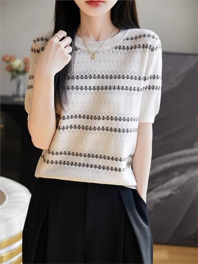 

Women's Short Sleeve Knitted T-Shirt Striped Embroidery Slimming Base Shirt Inner Wear Outer Wear Spring New Style Commute Style