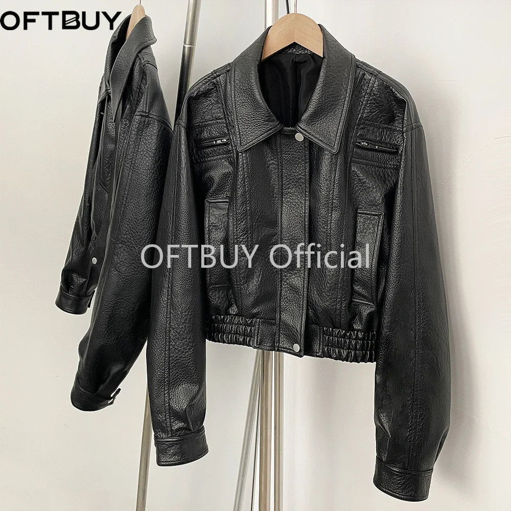OFTBUY Damen Schwarze Kunstleder-Cropped-Aviatorjacke, Strukturierter PU-Mantel mit Elastischem Saum, Neue Vintage-Freizeitjacke – Detail 34