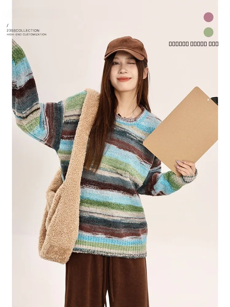 

Полосатый свитер с контрастными вставками, теплый вязаный пуловер с длинными рукавами и круглым вырезом, из смесового полиэстера, зимняя мода