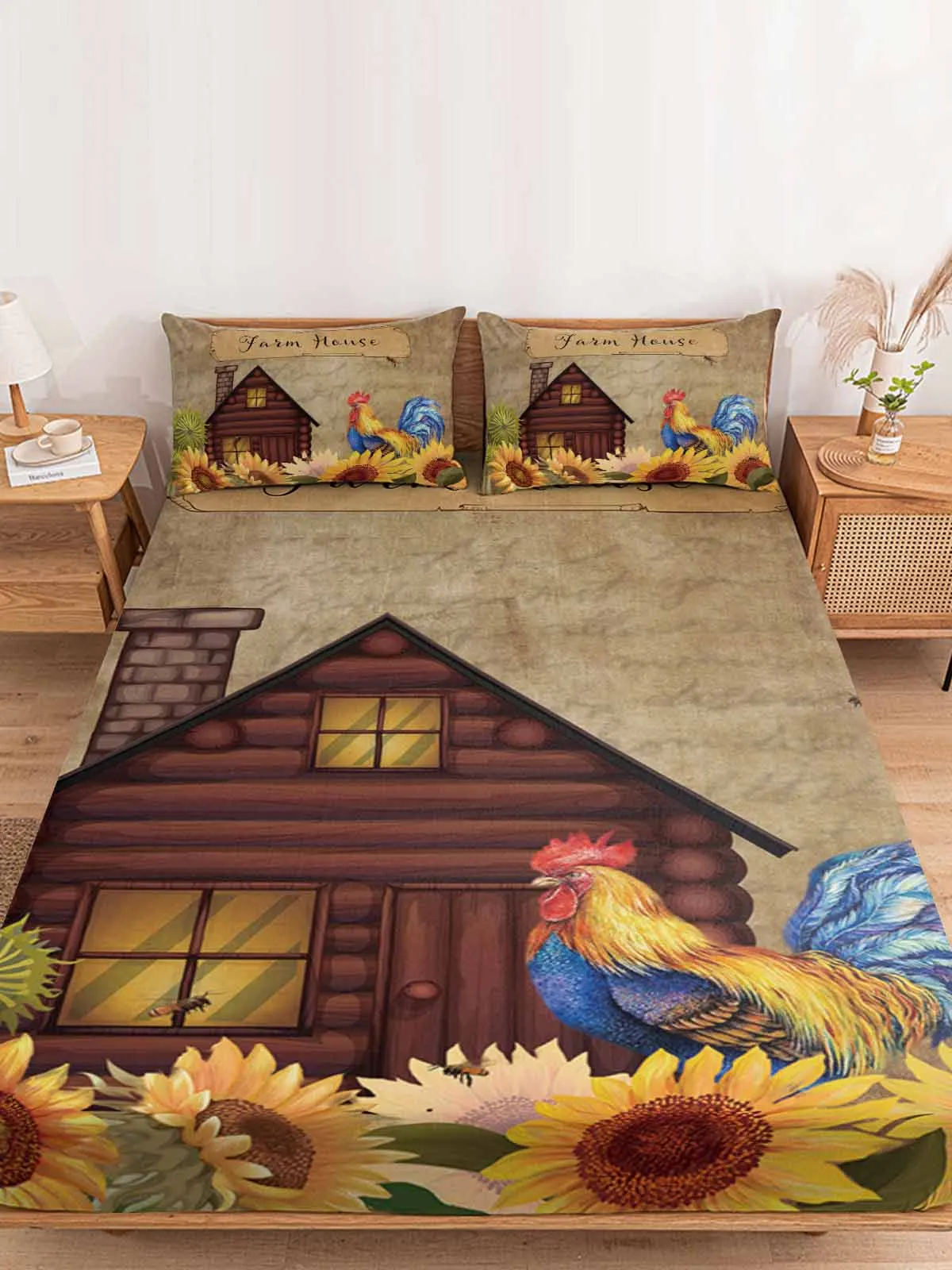 Farm Sunflower Rooster Barn Polyester Fitted Sheet Mattress Cover Four Corners Elastic Band Bed Sheet Pilllowcase