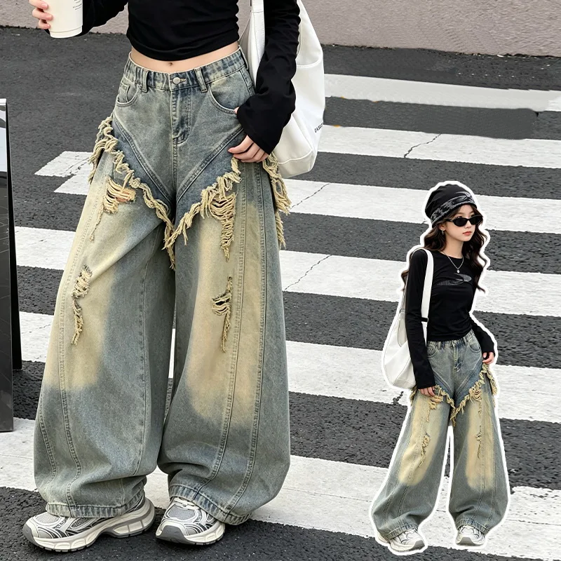 Girls Designer Baggy Jeans Kids Ripped Distressed Wide Leg Denim Pants with Stretchy Waist Burr Edge Denim Pants for Children